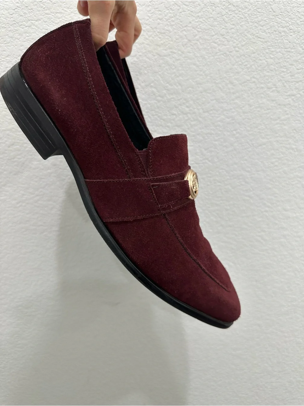 Stacy Adams Men's Burgundy Suede Slip-On Loafers with Gold Medallion